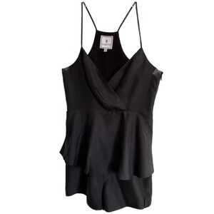 Cosette Women's Black Silk‎ Romper Size 2 Spaghetti Strap Peplum Overlay